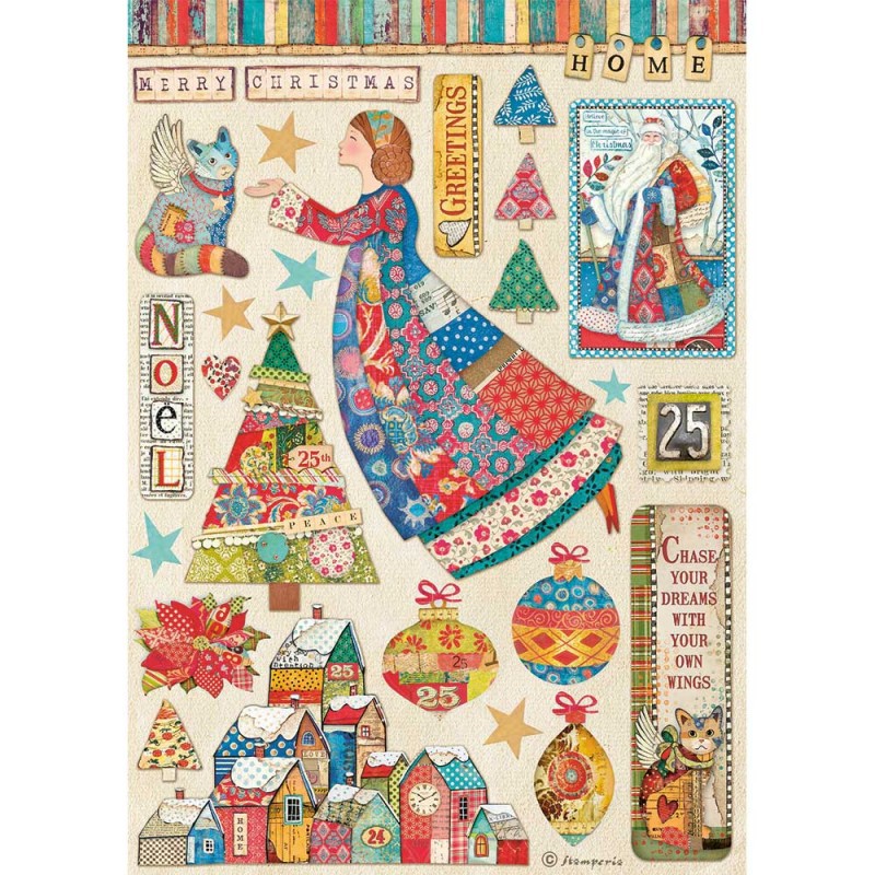 STAMPERIA PAPIER RYŻOWY A4 CHRISTMAS PATCHWORK ANIOŁ