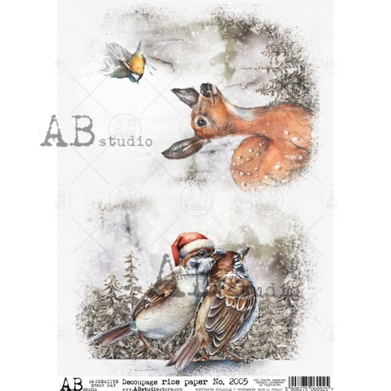 ABstudio PAPIER RYŻOWY A4 SARENKA BAMBI, WRÓBLE, SIKORKA